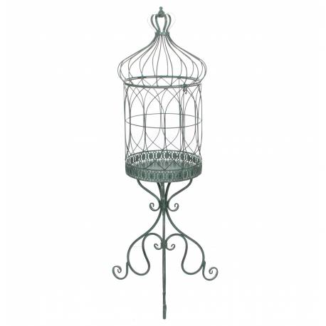 Grande Cage à Oiseaux Sur Trépied Intérieur Extérieur Ou Volière Décorative Motifs Volutes En Métal Patiné Vert 33x33x117cm