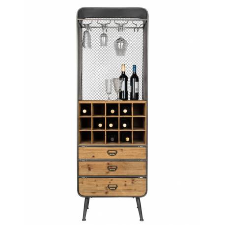 Sublime Vinothèque Vino Dutchbone Armoire à Vin Rangement Bouteilles Rampe Verres en Métal Gris et Bois 38x56x170cm