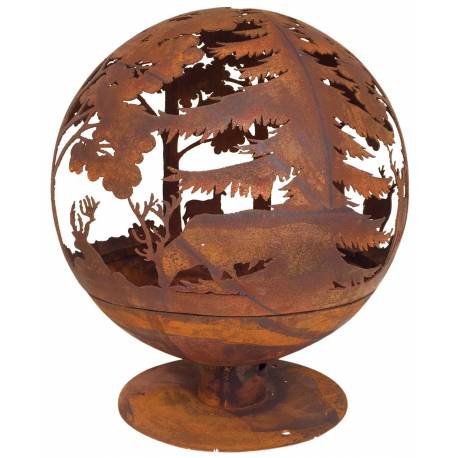 Véritable Braséro Sphérique sur Pied Brasier Rond Motifs Cerf Forêt à Poser Extérieur en Fer Ancien Rouille 58x58x66cm