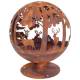 Véritable Braséro Sphérique sur Pied Brasier Rond Motifs Cerf Forêt à Poser Extérieur en Fer Ancien Rouille 58x58x66cm