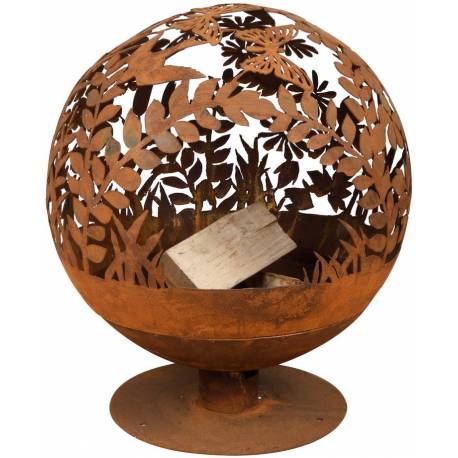 Véritable Braséro Sphérique sur Pied Brasier Rond Motifs Clairière Papillon à Poser Extérieur en Fer Ancien Rouille 58x58x66cm