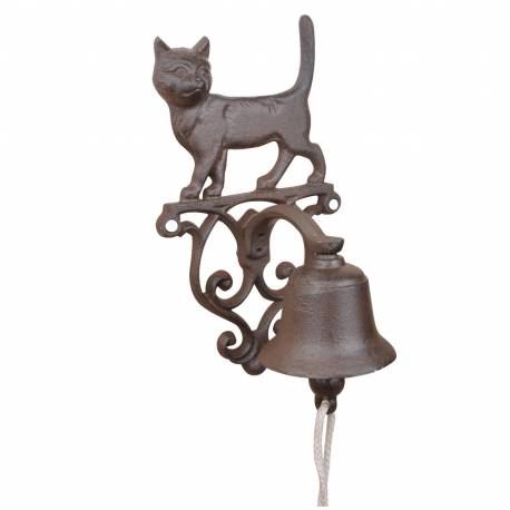 Cloche Sonnette Motif Chat Carillon Clochette de Porte Murale sur Crédence en Fonte Patinée Marron 13x14,5x24cm