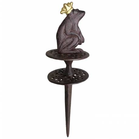 Guide de Tuyau d'Arrosage à Planter en Fonte Patinée Marron Décorée d'une Grenouille Couronnée 10x10x33cm