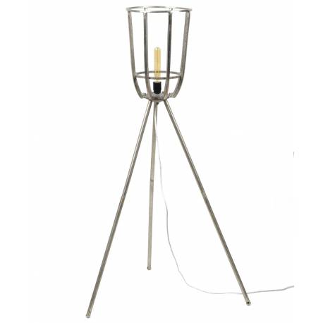 Lampadaire Trépied Panier Hinsk Lampe Articulée Tendance Eclairage Industriel en Verre et Métal Patiné Argenté 30x30x134cm