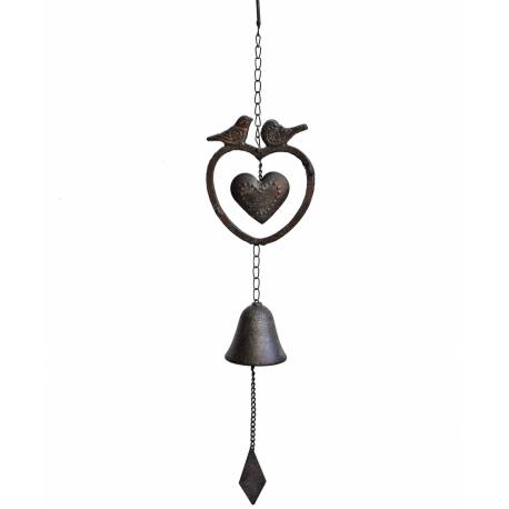 Suspension Cloche ou Décoration Murale Motifs Coeur Oiseaux à Accrocher en Fonte Patinée Marron 7x13x65cm