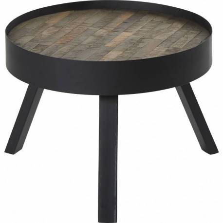 Table Basse Nagoya Athezza Console Tablette de Salon Forme Ronde en Acier Noir et Teck Naturel 52x45x45cm