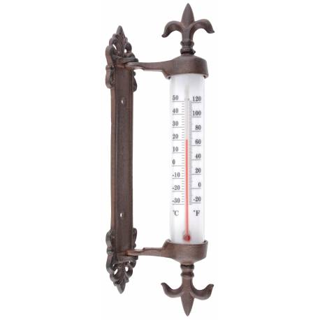 Thermomètre Mural avec Potence Décoratif avec Motif Fleur de Lys en Celsius et Fahrenheit en Fonte Patinée Marron 5,5x9,5x27,5cm