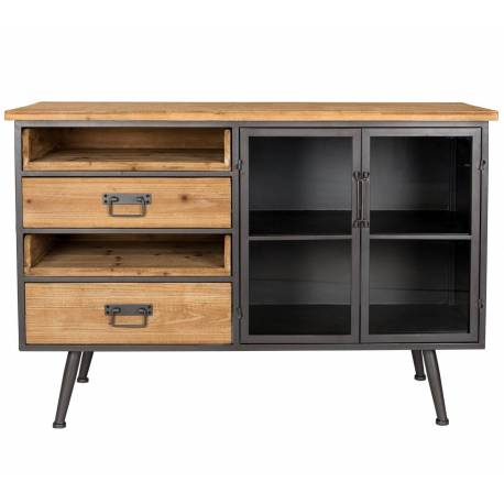 Bahut Damian Vaisselier Woody Buffet de Rangement Indus Acier et Sapin 40x75x113cm
