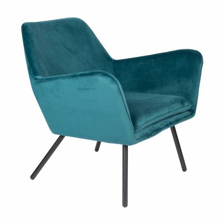Fauteuil Bon Lounge Assise Woody Design Art Déco en Velours Bleu Canard 76x78x80cm