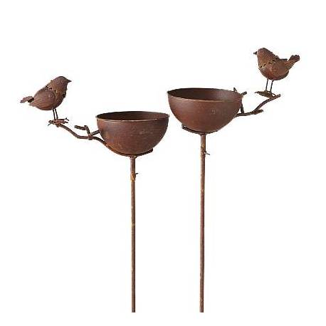 Grand Tuteur Bain d'Oiseaux à Piquer Coupelle Façon Bénitier Bain à Oiseau en Fer Marron 15x28x117cm