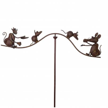 Mobile de Jardin Tuteur à Plantes Motifs Chat et Souris en Métal 7x68x129cm