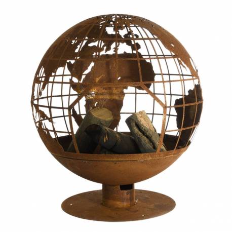Véritable Braséro Sphérique sur Pied Brasier Rond Motifs Mappemonde à Poser Extérieur en Fer Ancien Rouille 58x58x66cm