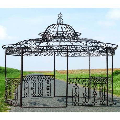 Majestueuse Tonnelle Elizabeth Gloriette de Jardin Pergola Abris Rond Kiosque en Fer Forgé et Fonte Marron 400x500x500cm