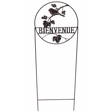 Grille Treillis Tuteur à Fleurs Plantes Motif Oiseau et "BIENVENUE" en Métal Patiné Marron 0,5x35x112cm
