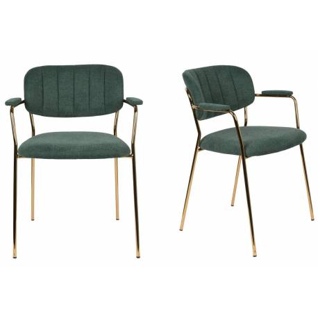 Lot de 2 Fauteuils de Table Jolien Marque Woody Chaises Sièges Assises de Séjour en Acier Or et Tissu Vert Foncé 57x60,5x79cm