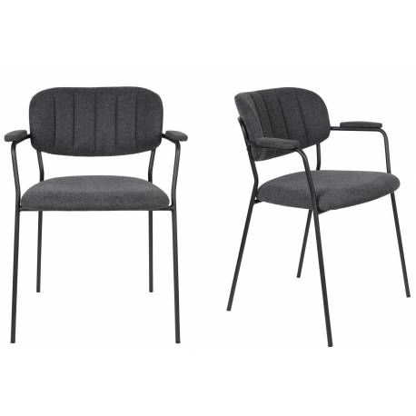 Lot de 2 Fauteuils de Table Jolien Marque Woody Chaises Sièges Assises de Séjour en Acier Noir et Tissu Gris Foncé 57x60,5x79cm