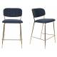Tabouret de Comptoir Jolien Marque Woody Chaise de Bar Siège Haut en Acier Or et Tissu Bleu Foncé 48x54x89cm