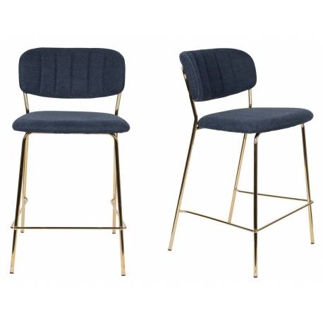 Tabouret de Comptoir Jolien Marque Woody Chaise de Bar Siège Haut en Acier Or et Tissu Bleu Foncé 48x54x89cm