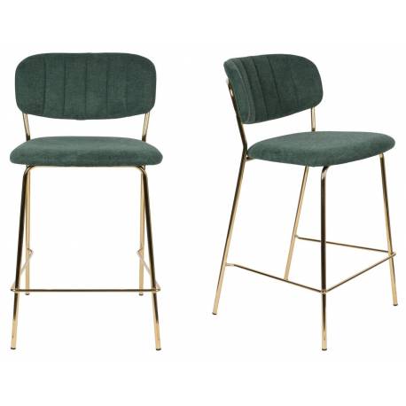 Tabouret de Comptoir Jolien Marque Woody Chaise de Bar Siège Haut en Acier Or et Tissu Vert Foncé 48x54x89cm