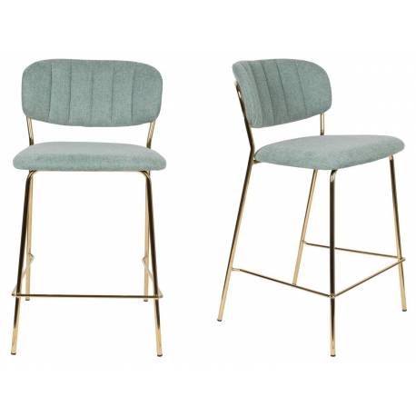 Tabouret de Comptoir Jolien Marque Woody Chaise de Bar Siège Haut en Acier Or et Tissu Vert Clair 48x54x89cm