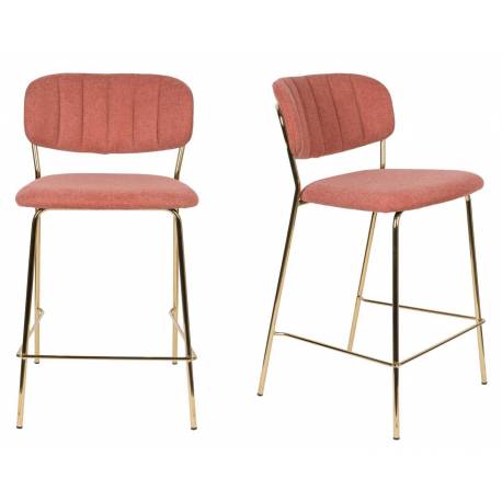 Tabouret de Comptoir Jolien Marque Woody Chaise de Bar Siège Haut en Acier Or et Tissu Rose 48x54x89cm
