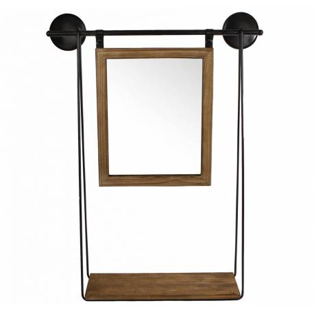 Etagère Miroir Mural Trumeau Glace Rectangle en Bois et Métal Noir 17x40,5x67cm