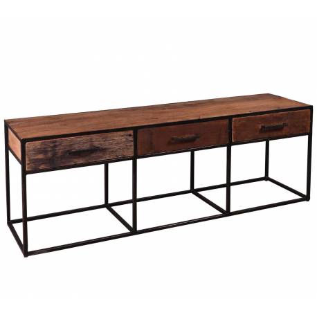Meuble TV Float 3 Tiroirs Console Basse Meuble de Rangement Indus en Bois et Acier 35x50x135cm