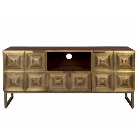 Buffet Volan Dutchbone Meuble TV Bahut de Rangement en Acier Laiton et Manguier Massif 40x60x135cm