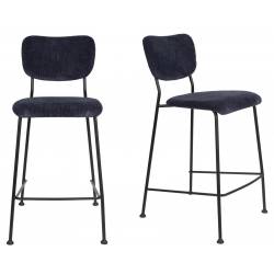 Lot de 2 Tabourets de Bar Bleu Foncé Benson Zuiver Assise Hautes en Velours Côtelé et Acier 46x53,5x92cm