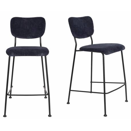 Lot de 2 Tabourets de Bar Bleu Foncé Benson Zuiver Assise Hautes en Velours Côtelé et Acier 46x53,5x92cm