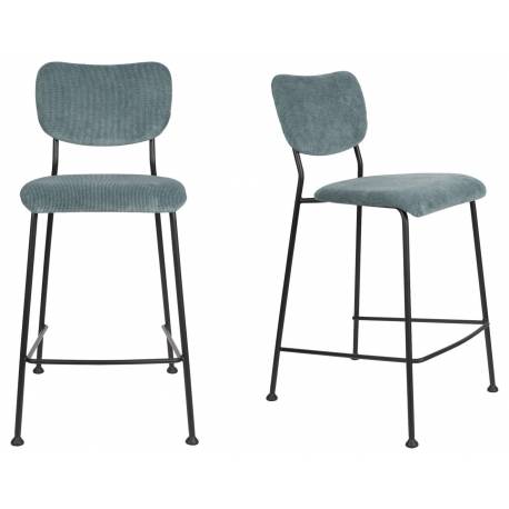 Lot de 2 Tabourets de Bar Gris Bleu Benson Zuiver Assise Hautes en Velours Côtelé et Acier 46x53,5x92cm