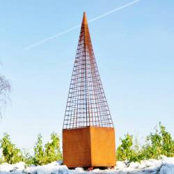 Grande Topiaire Obélisque Cône avec Bac Jardinière Carré en Acier Oxydé 42x42x188cm