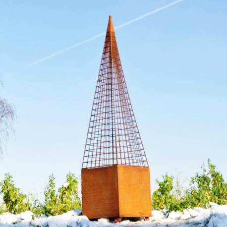 Grande Topiaire Obélisque Cône avec Bac Jardinière Carré en Acier Oxydé 42x42x188cm