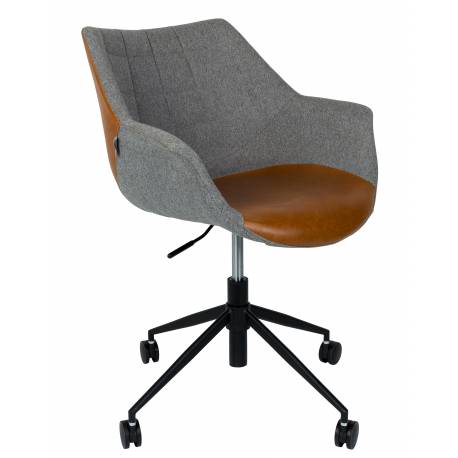 Fauteuil de Bureau Doulton Vintage Brun Zuiver Assise Siège Pivotant sur Roulettes en Métal Polyuréthane et Tissu 63x67x91cm