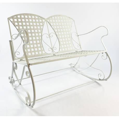 Rocking Chair Double Louisiane Blanc Fauteuil 2 Places Banc à Bascule Intérieur Extérieur en Métal Patiné 80x89x104,5cm