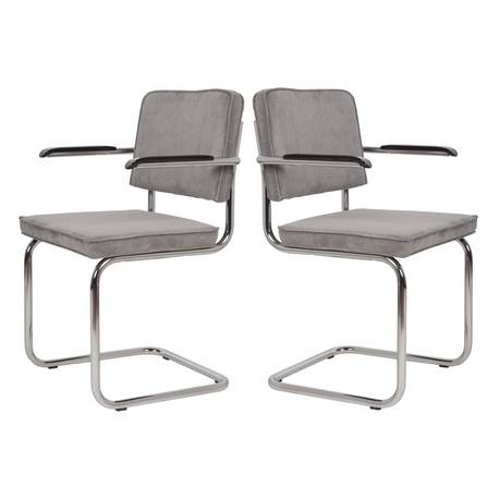 Lot de 2 Fauteuils Ridge Gris Clair Zuiver Sièges avec Accoudoirs Assises de Table en Tissu Nervuré 48x60x85cm