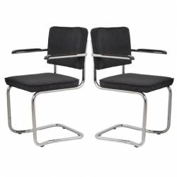 Lot de 2 Fauteuils Ridge Kink Noir Zuiver Sièges avec Accoudoirs Assises de Table en Tissu Nervuré 48x60x85cm