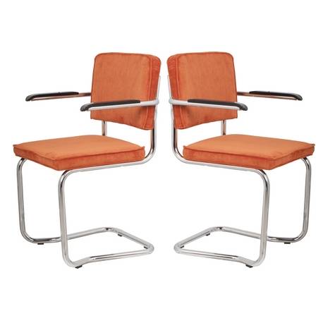 Lot de 2 Fauteuils Ridge Kink Orange Zuiver Sièges avec Accoudoirs Assises de Table en Tissu Nervuré 48x60x85cm