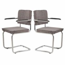 Lot de 2 Fauteuils Ridge Kink Gris Zuiver Sièges avec Accoudoirs Assises de Table en Tissu Nervuré 48x60x85cm