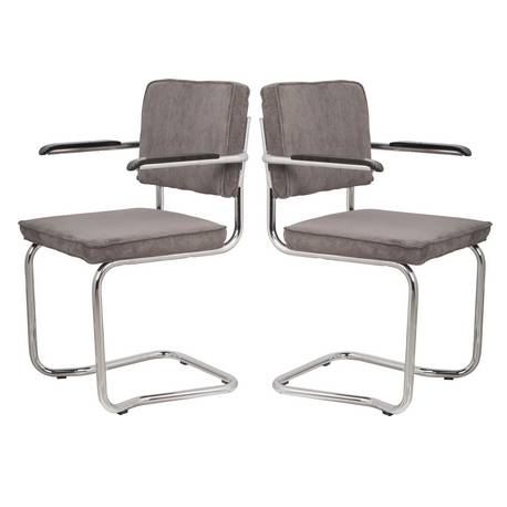 Lot de 2 Fauteuils Ridge Kink Gris Zuiver Sièges avec Accoudoirs Assises de Table en Tissu Nervuré 48x60x85cm
