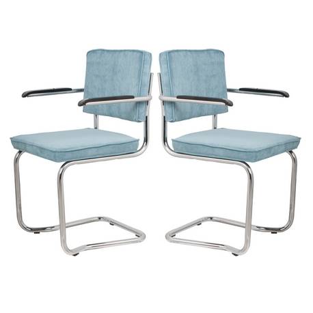 Lot de 2 Fauteuils Ridge Kink Bleu Zuiver Sièges avec Accoudoirs Assises de Table en Tissu Nervuré 48x60x85cm