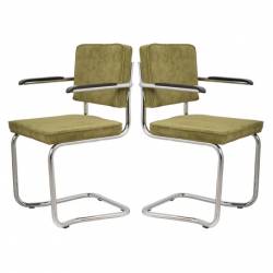 Lot de 2 Fauteuils Ridge Kink Vert Zuiver Sièges avec Accoudoirs Assises de Table en Tissu Nervuré 48x60x85cm