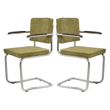 Lot de 2 Fauteuils Ridge Kink Vert Zuiver Sièges avec Accoudoirs Assises de Table en Tissu Nervuré 48x60x85cm