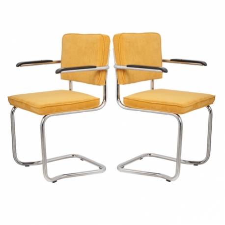 Lot de 2 Fauteuils Ridge Kink Jaune Zuiver Sièges avec Accoudoirs Assises de Table en Tissu Nervuré 48x60x85cm