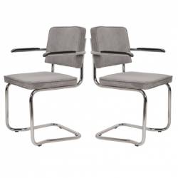 Lot de 2 Fauteuils Ridge Kink Gris Clair Zuiver Sièges avec Accoudoirs Assises de Table en Tissu Nervuré 48x60x85cm