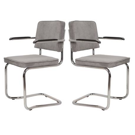 Lot de 2 Fauteuils Ridge Kink Gris Clair Zuiver Sièges avec Accoudoirs Assises de Table en Tissu Nervuré 48x60x85cm
