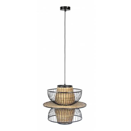 Suspension Carmen L Woody Plafonnier Eclairage Plafond en Acier et Bois 40x40x145cm