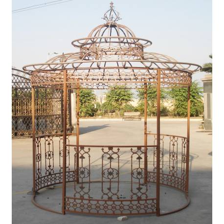 Charmante Tonnelle Elzabeth Gloriette de Jardin Pergola Abris Rond Kiosque en Fer Forgé et Fonte Marron 340x250x250cm