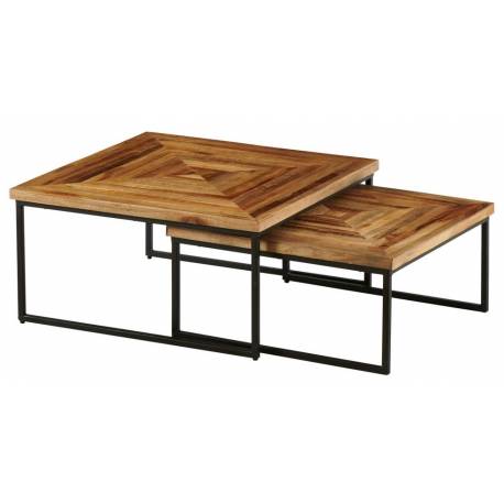 Table Basse Quadro Marque Hanjel Set de 2 Consoles Sellettes Guéridons 2 Dimensions en Teck et Métal 40x80x80cm