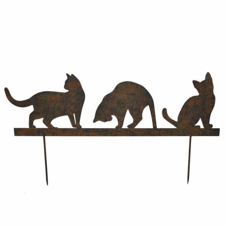 Plaque Décorative à Piquer Silhouette de 3 Chatons Chats Décoration de Jardin en Métal Marron 19x60cm